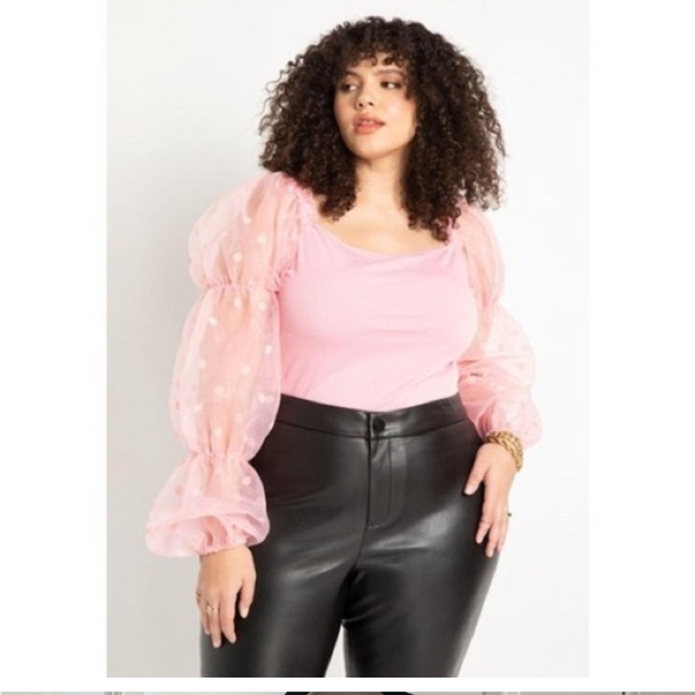 Eloquii Flocked organza sleeve knit top